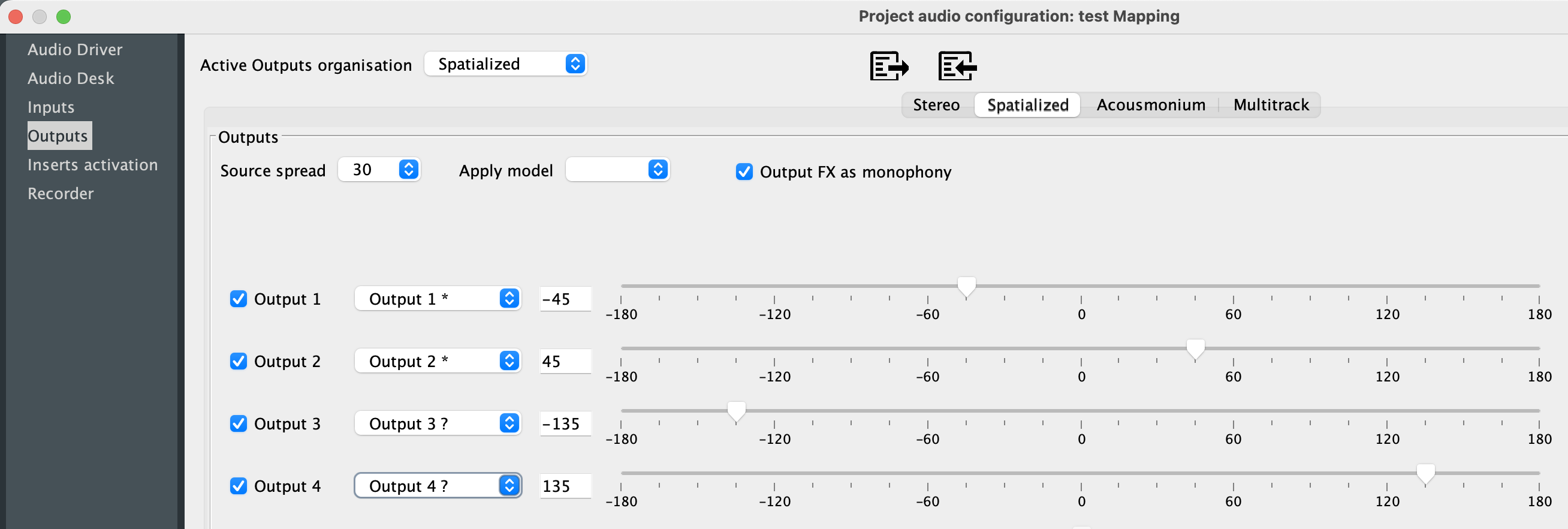 Spatialized quadri mode settings